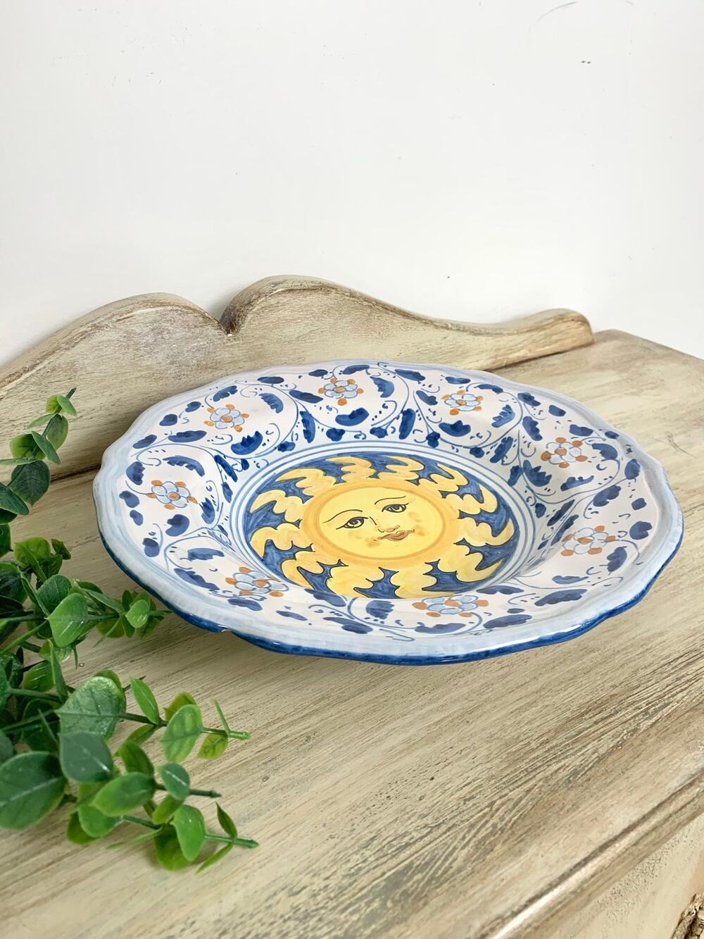 Vintage Italian Pottery Bowl Caltagirone Hand Painted Sun Sicilian Art Dish